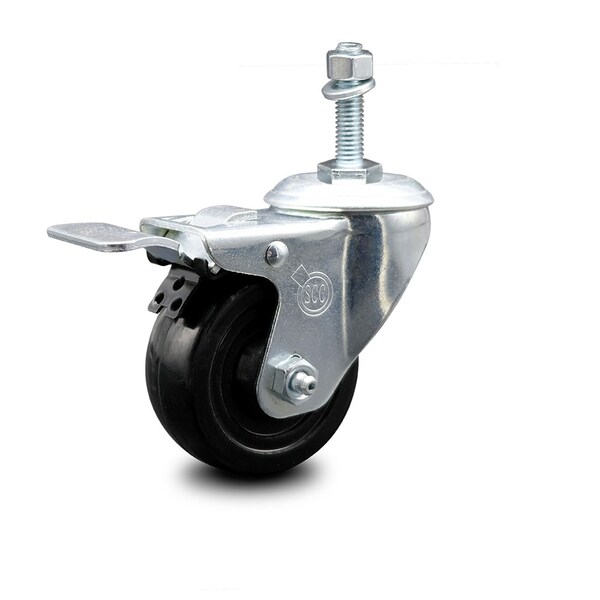 3.5 Inch Hard Rubber Wheel Swivel 3/8 Inch Threaded Stem Caster Total Lock Brake